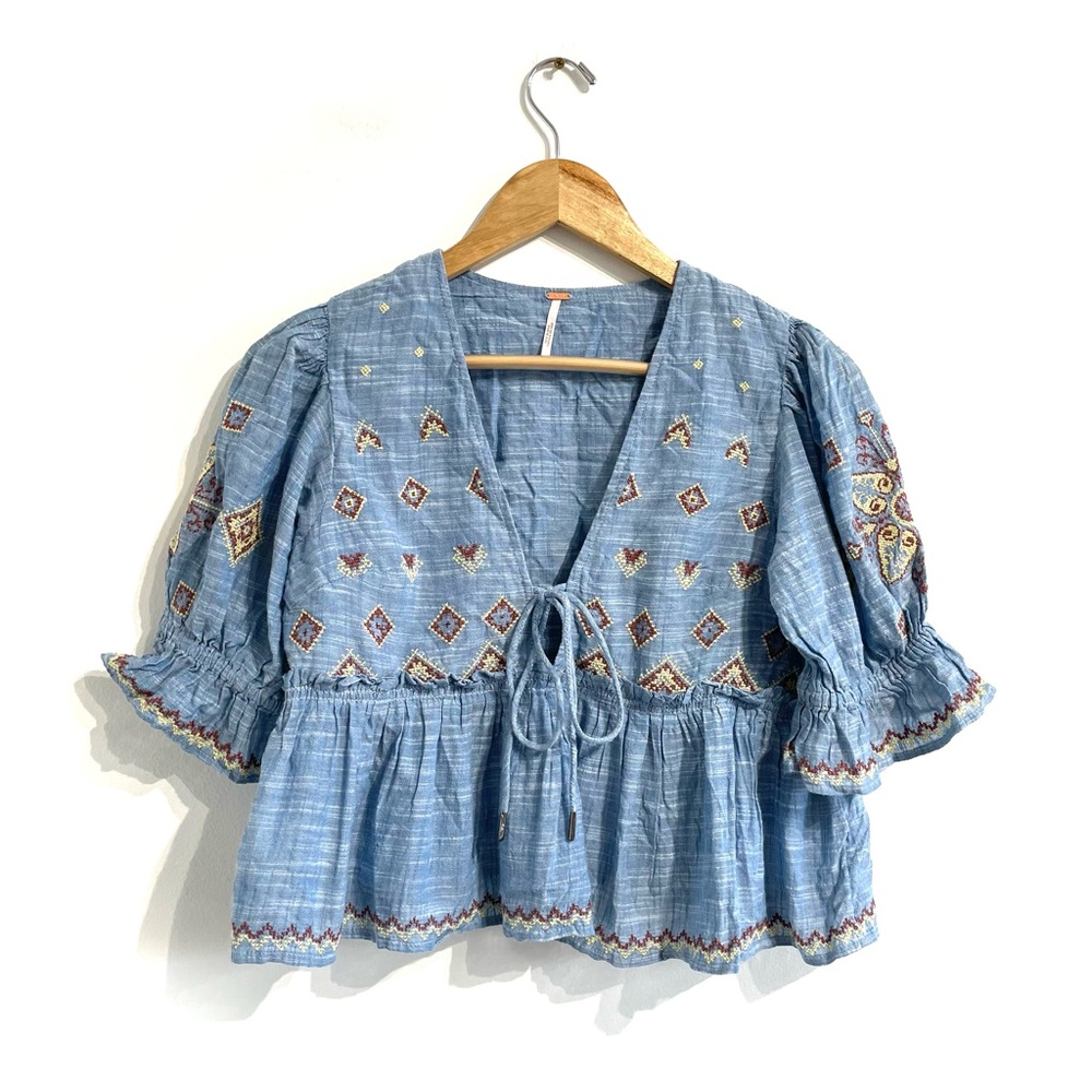 Free People Tallulah Embroidered Blouse cropped top blue lightweight